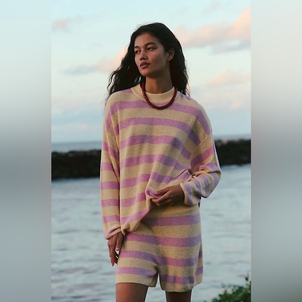L54. Free People Mustard Yellow and pink striped Sweater